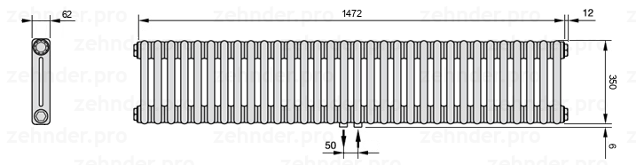 Схема (чертеж) Радиатор Zehnder Charleston 2035/32 №5410 Белый глянцевый RAL 9016